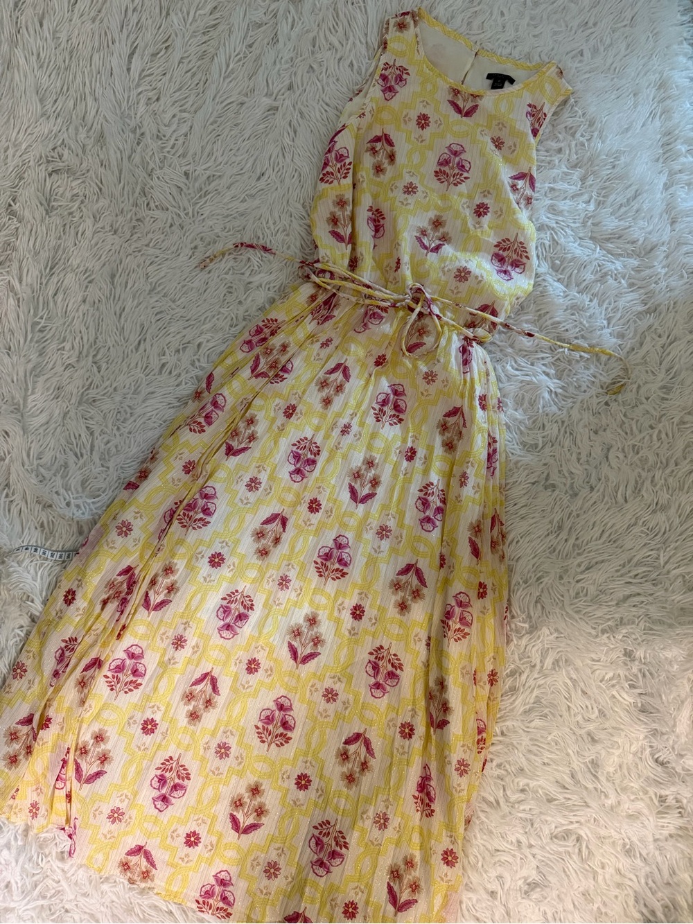 Ann Taylor Petite 8P Yellow Floral Maxi Dress Shimmer Tie Waist Sleeveless